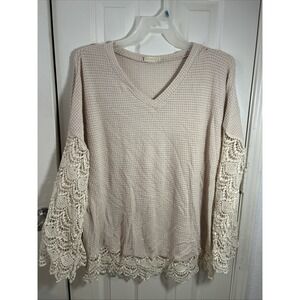 Boho Ivory Top Crochet Accents Long Sleeves Relaxed Fit And the Why Womens S